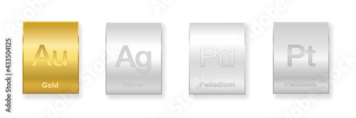 Gold, silver, platinum and palladium bars. Four precious metals, chemical elements with a high economic value. Isolated vector illustration on white background. 