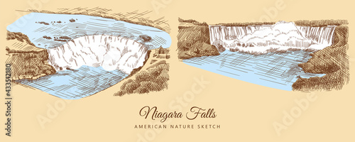Color sketches of Niagara Falls, USA, hand-drawn.