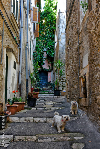 Sezze, Italy, 05/10/2021. An alley between the old houses of a medieval town in the Lazio region.