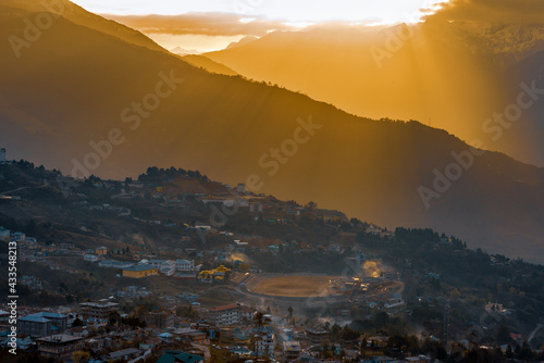 Sunrise over the mountains, scenic sunrise landscape of Tawang town, this town is situated on the foothills of the Himalayas in Arunachal Pradesh in India 