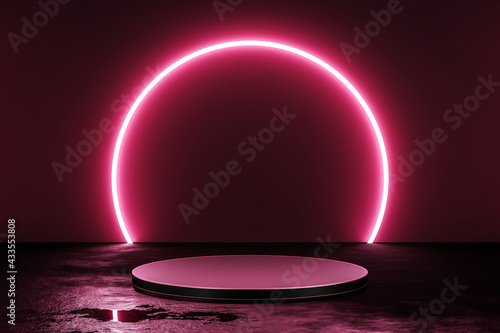 Pink neon light product background stage or podium pedestal on grunge street floor with glow spotlight and blank display platform. 3D rendering.