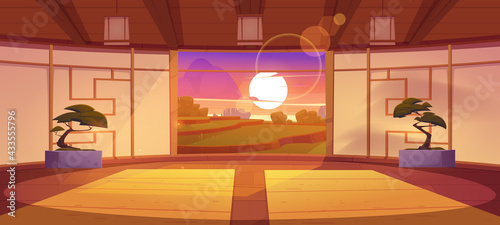 Dojo, traditional japanese room for karate and meditation. Vector cartoon interior of empty dojo with mats, bonsai and landscape of green terraced fields and sunset sky behind window