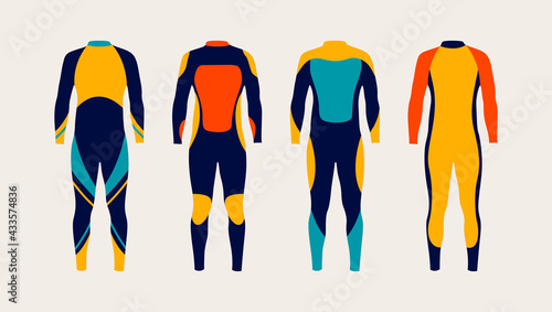 Colorful set of modern bright wetsuits isolated on pastel background. Flat design. Vector illustration