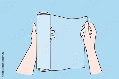 Packing things, copy space and mockup concept. Female hands using roll of transparent plastic cling film for packaging food on blue background vector illustration 