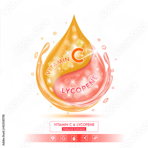 Drop red lycopene solution serum and orange vitamin C. On white background. Hyaluronic acid skin care ad. 3D Realistic Vector EPS10.