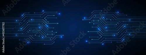 Abstract Technology Background, blue circuit board pattern with electric light, microchip, power line, blank space