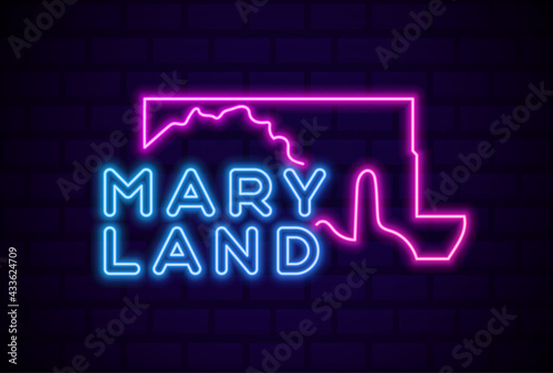 maryland US state glowing neon lamp sign Realistic vector illustration Blue brick wall glow