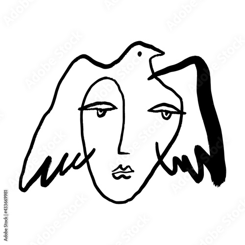 Modern abstract line art face woman portrait silhouette, pigeon freedom symbol.