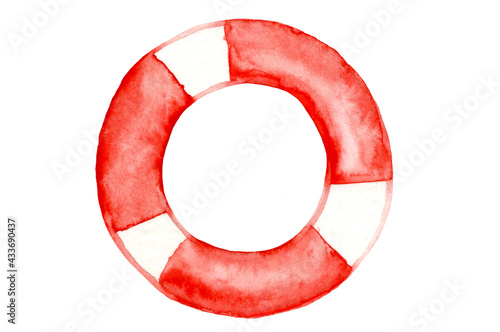 red lifebuoy painted in watercolor, isolated on a white background