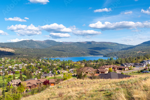 Hilltop view from a luxury subdivision of the lake and city of Liberty Lake, Washington, a rural suburb of Spokane, Washington, USA