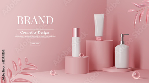 Cosmetics set ads with ball glass on pink cylinder podium stage