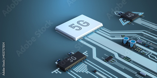 Abstract illustration of 5g, 4g, and 3g processors competing with each other.