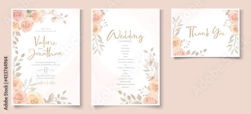 Elegant wedding invitation template with peach color floral theme