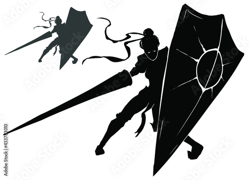 The black silhouette of a female knight in plate armor, with a huge shield and a long spear lance, she stands in a dynamic pose, ready for battle. 2d illustration