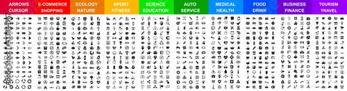 Big set icons by category: arrows, shopping, ecology, sport, science, auto, medical, food & drink, business, travel and many more for any cases of life using.