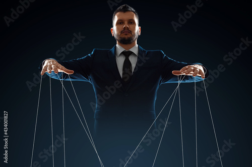 Male, puppeteer controls with threads. The concept of world conspiracy, world government, manipulation, world control.