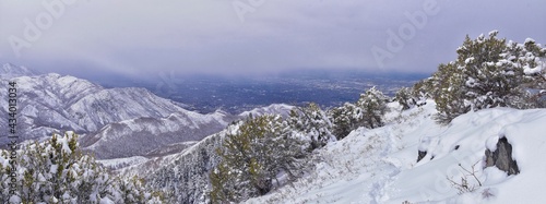 Little Black Mountain Peak hiking trail snow views winter via Bonneville Shoreline Trail, Wasatch Front Rocky Mountains, by Salt Lake City, Utah. United States.