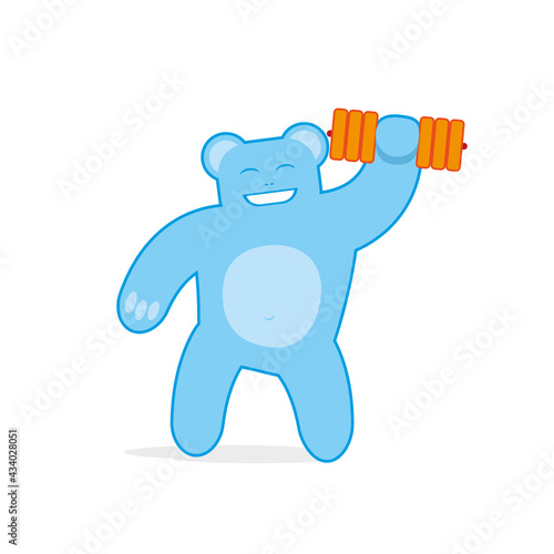 Blue happy teddy bear do exercise with dumbbells. Cartoon character isolated on white. Vector illustration for cards, invitations, posters and prints
