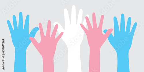 Silhouette of blue, pink and white colored hands as the colors of the transgender flag. Flat vector illustration.