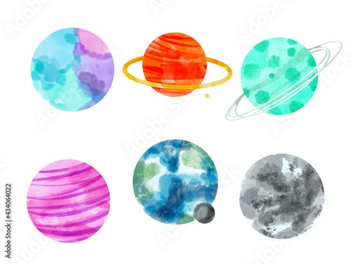 Watercolor Space Planets. Watercolor Space clipart, Cosmos, retro planets isolated. Comets, moon, stars, osteroid, stylized planets set - illustration. Vintage planets illust