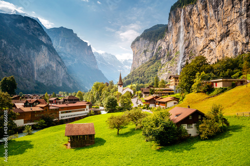 Summer view of alpine valley of Lauterbrunnen. Location place Swiss alp, Europe.