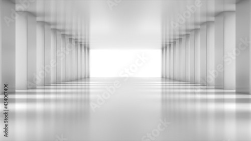 White empty light Hall Zoom in. Perspective view of White empty Modern Architecture room. Abstract white tunnel Background. 3D Render.