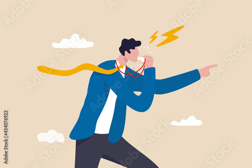 Business whistleblower the misconduct inside person to illegally disclose information to public concept, businessman blowing the whistle out load while pointing signal to tell other people.