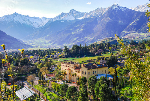 Castle Trauttmannsdorf with famous alpin botanical garden in Meran (Merano) in South Tyrol, Alto Adige, Südtirol, Italy, Europe. In Adige Valley, Etschtal