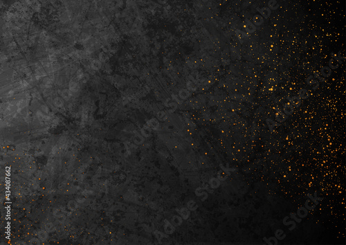 Black grunge texture background with small golden particles. Abstract retro vector design