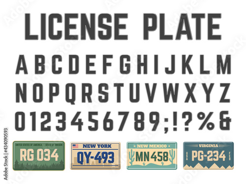 Car license plates alphabet. Vehicle registration signs latin alphabet, license plates numbers and letters vector illustration set. Automobile license numbers abc font