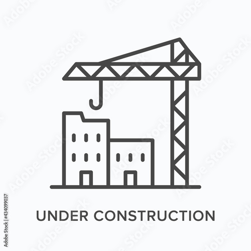 Under construction flat line icon. Vector outline illustration of tower crane and building. Black thin linear pictogram for creating apartment