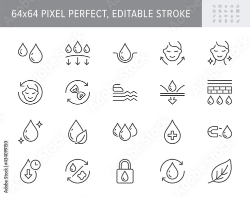 Cosmetic properties line icons. Vector illustration include icon - cream, body lotion, lifting, moisture, anti wrinkle outline pictogram for skincare product. 64x64 Pixel Perfect, Editable Stroke