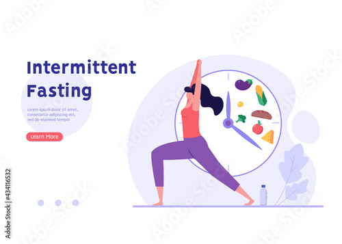 Woman goes in for sports, yoga posture. Concept of fasting, intermittent fasting, diet, diet plan, proper nutrition, dream figure, fitness, healthy food. Vector illustration in flat design