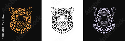 Gold, black and silver jaguar head, set of isolated outline jaguar face. Spotted panther, predatory wildcat