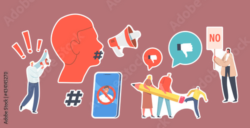 Set of Stickers Cancel Culture Ban, Erase Identity Theme. Characters Erasing Person, Activist with Loudspeaker on Riot