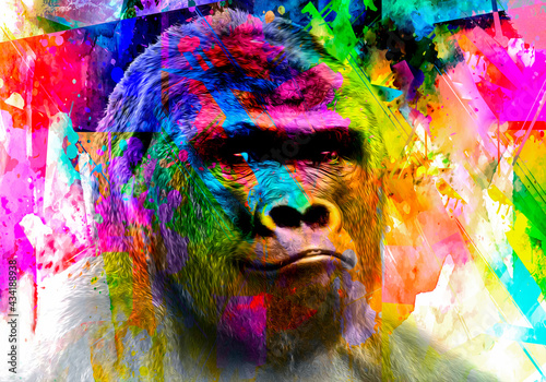 gorilla monkey head with creative colorful abstract elements on light background