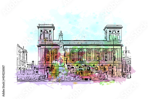 Building view with landmark of Forli is a city in Italy. Watercolor splash with hand drawn sketch illustration in vector.