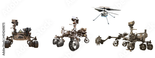 mars rovers and ingenuity helicopter isolated on white background Elements of this image furnished by NASA 3D illustration