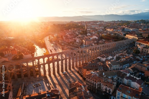 Segovia Roman Aqueduct aerial sunrise view