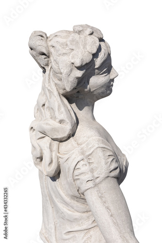 Close up side view of stone sculpture of woman on white background