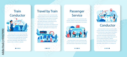 Train conductor mobile application banner set. Railway worker in uniform