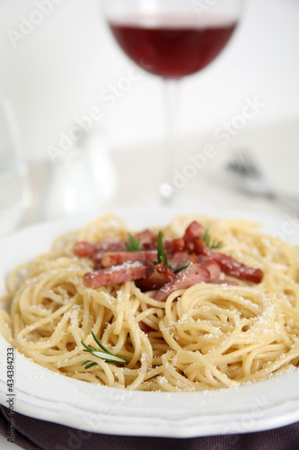 Delicious Carbonara pasta served on table, closeup