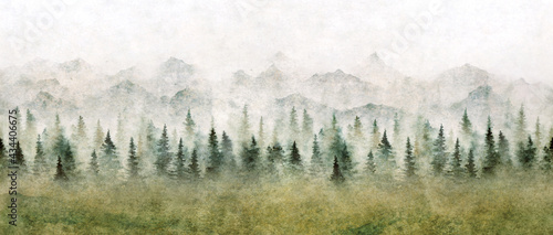 Watercolor landscape of forest and mountains. Wild nature background.