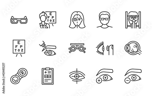 Ophthalmology flat line icon set. Vector illustration vision treatment. Examination in an ophthalmological clinic. Editable strokes