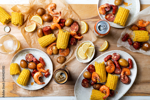 A low country homemade traditional Southern U.S. Shrimp Boil with sausage, potato and corn