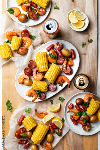 A low country homemade traditional Southern U.S. Shrimp Boil with sausage, potato and corn