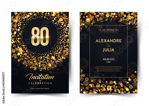 80th years birthday vector black paper luxury invitation double card. Eighty years wedding anniversary celebration brochure. Template of invitational for print dark background with bokeh lights