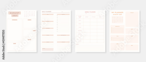 August 2021 - Planner. Modern planner template set. Set of planner and to do list. Monthly, weekly, daily planner template. Vector illustration.