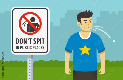 Spitting young male character. Big do not spit in public places warning sign. Flat vector illustration template. 