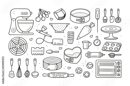A set of tools for making cakes, cookies and pastries. Doodle confectionery tools - planetary stationary dough mixer, baking pans, measuring spoons. Hand drawn vector illustration on white background.